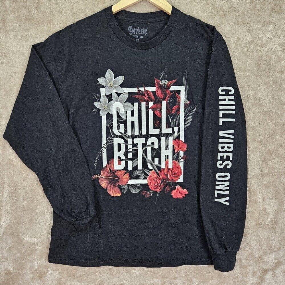 Spencers T-Shirt Men's Size L Black Floral Chill Vibes Only Long Sleeve Graphics